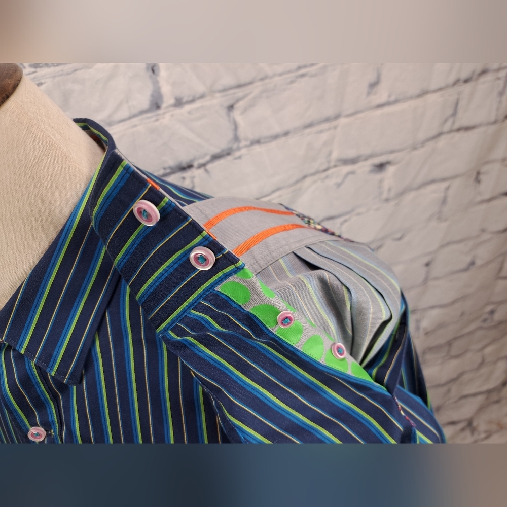 Robert Graham Mens Button Down Shirt Green Blue Striped Flip Cuff Classic Fit XL - Picture 8 of 16